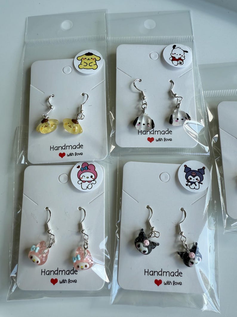 Handmade Mini Sanrio Themed Sterling Silver Earrings, Fish hook, cutecore, hello kitty and friends