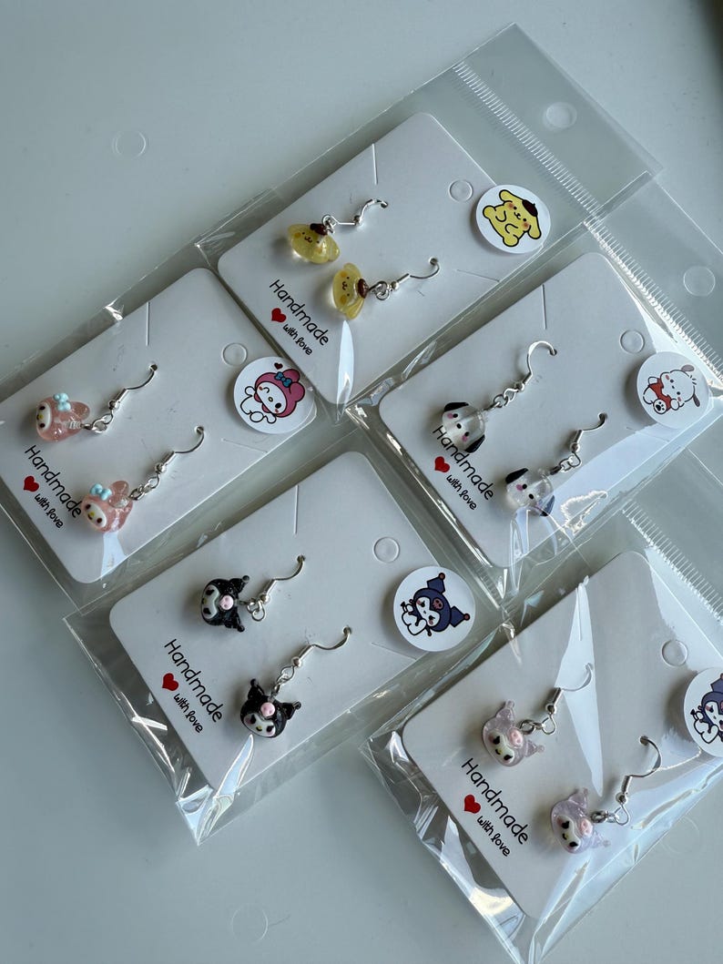 Handmade Mini Sanrio Themed Sterling Silver Earrings, Fish hook, cutecore, hello kitty and friends