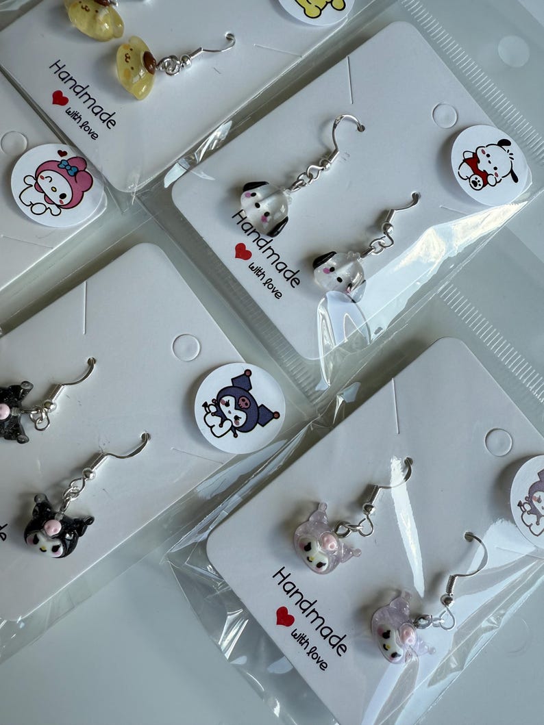 Handmade Mini Sanrio Themed Sterling Silver Earrings, Fish hook, cutecore, hello kitty and friends