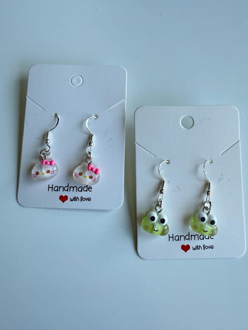Handmade Mini Sanrio Themed Sterling Silver Earrings, Fish hook, cutecore, hello kitty and keroppi