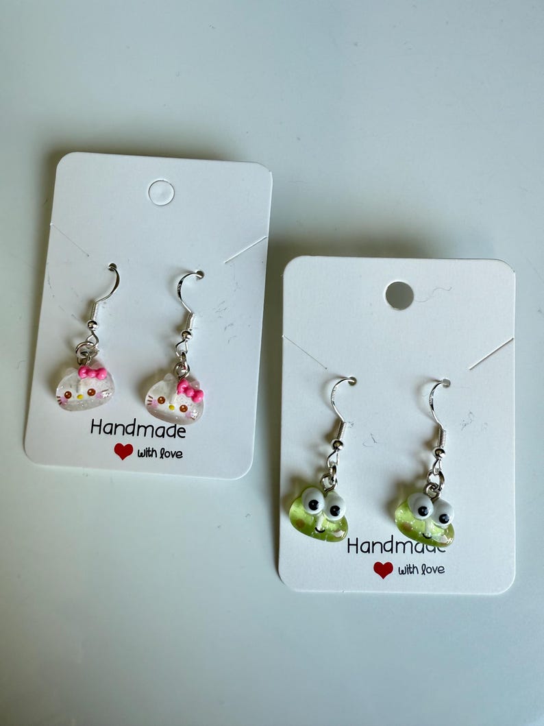Handmade Mini Sanrio Themed Sterling Silver Earrings, Fish hook, cutecore, hello kitty and keroppi
