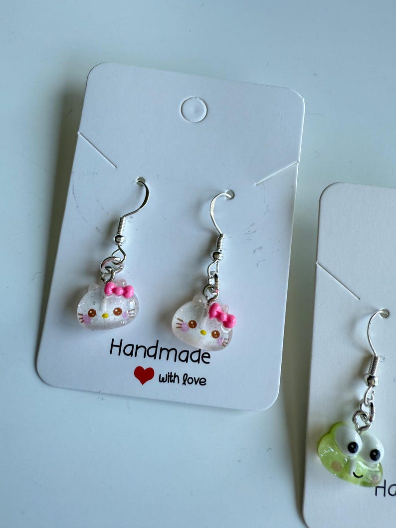 Handmade Mini Sanrio Themed Sterling Silver Earrings, Fish hook, cutecore, hello kitty and keroppi
