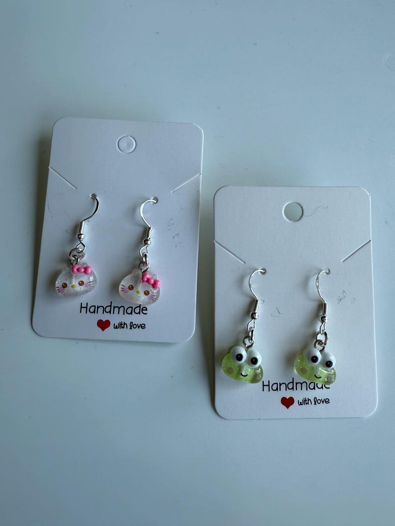Handmade Mini Sanrio Themed Sterling Silver Earrings, Fish hook, cutecore, hello kitty and keroppi