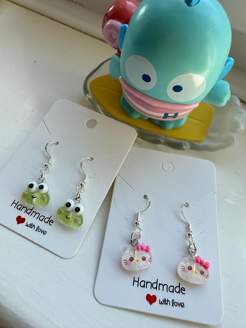 Handmade Mini Sanrio Themed Sterling Silver Earrings, Fish hook, cutecore, hello kitty and keroppi