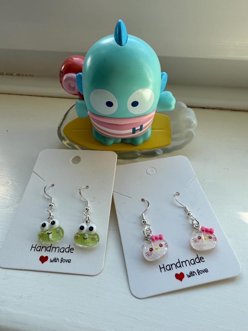 Handmade Mini Sanrio Themed Sterling Silver Earrings, Fish hook, cutecore, hello kitty and keroppi