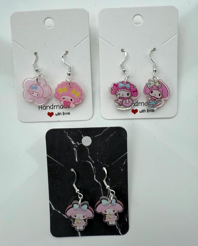 Handmade Cute Sanrio Themed My Melody and My sweet piano Sterling Silver Earrings