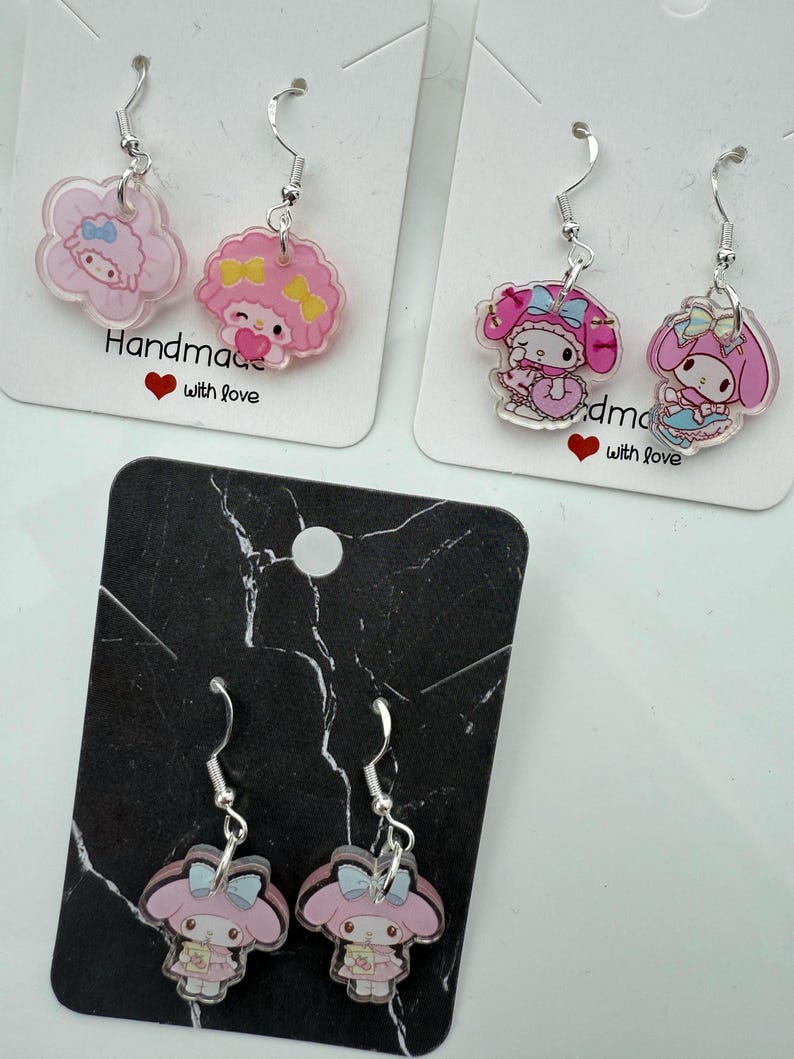 Handmade Cute Sanrio Themed My Melody and My sweet piano Sterling Silver Earrings