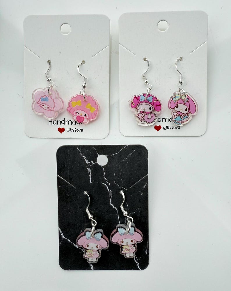 Handmade Cute Sanrio Themed My Melody and My sweet piano Sterling Silver Earrings