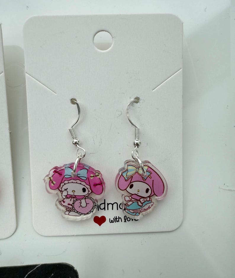 Handmade Cute Sanrio Themed My Melody and My sweet piano Sterling Silver Earrings