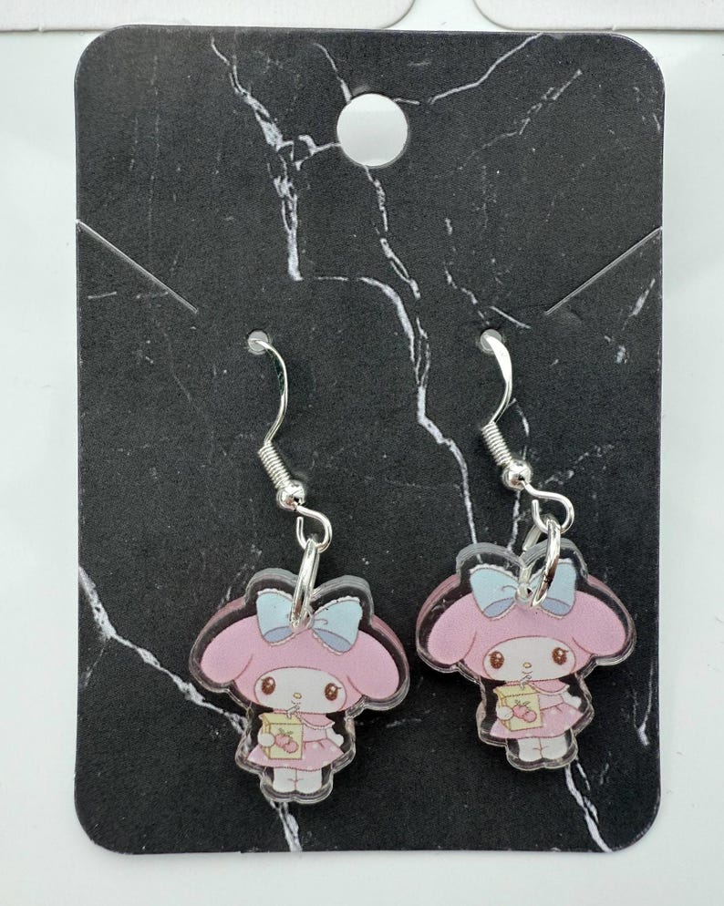 Handmade Cute Sanrio Themed My Melody and My sweet piano Sterling Silver Earrings