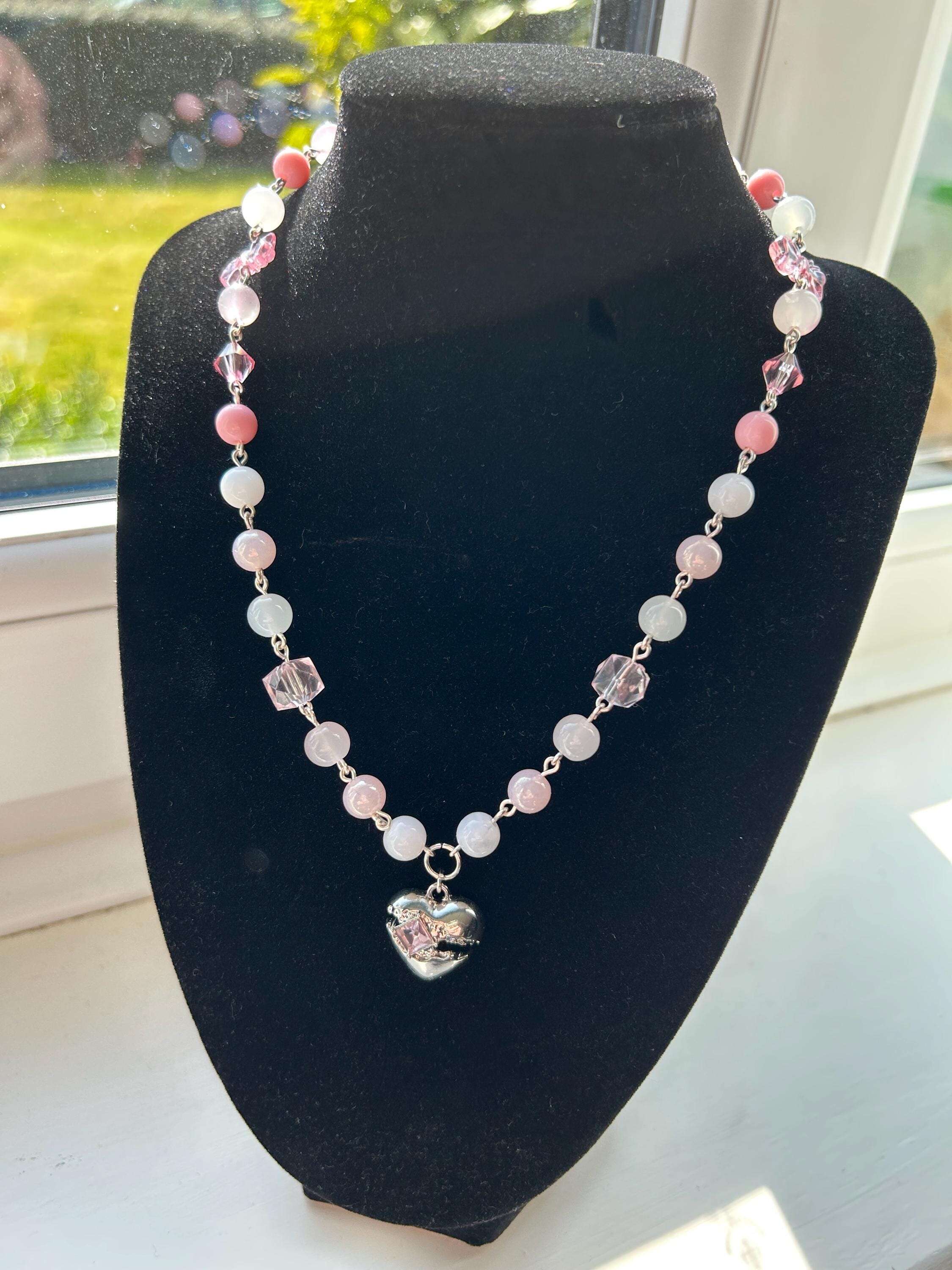 Handmade Pink Hearts and Bows Necklace 16”