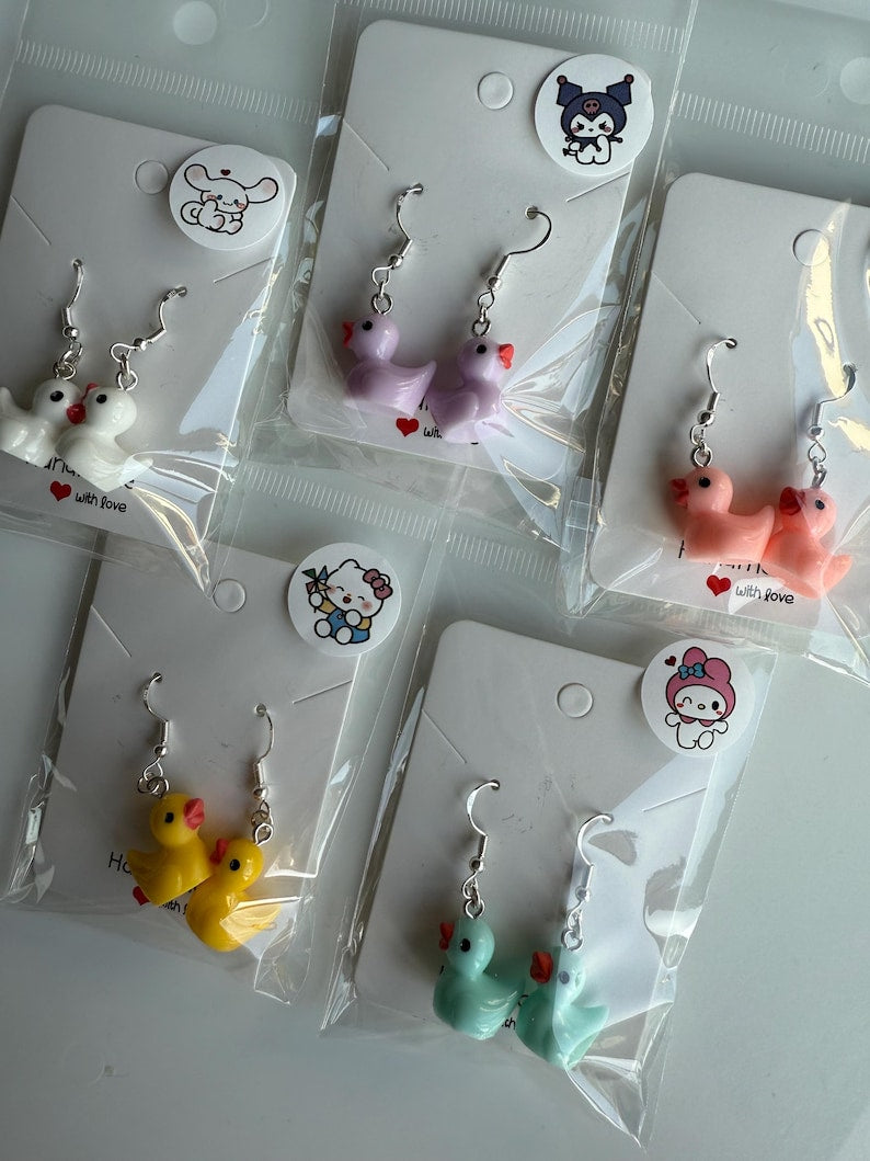 Handmade Y2K Duck Earrings: Sterling Silver Fish Hook Charms