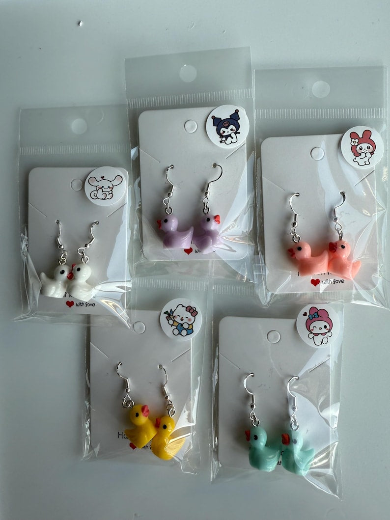 Handmade Y2K Duck Earrings: Sterling Silver Fish Hook Charms