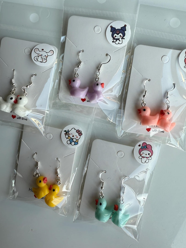 Handmade Y2K Duck Earrings: Sterling Silver Fish Hook Charms