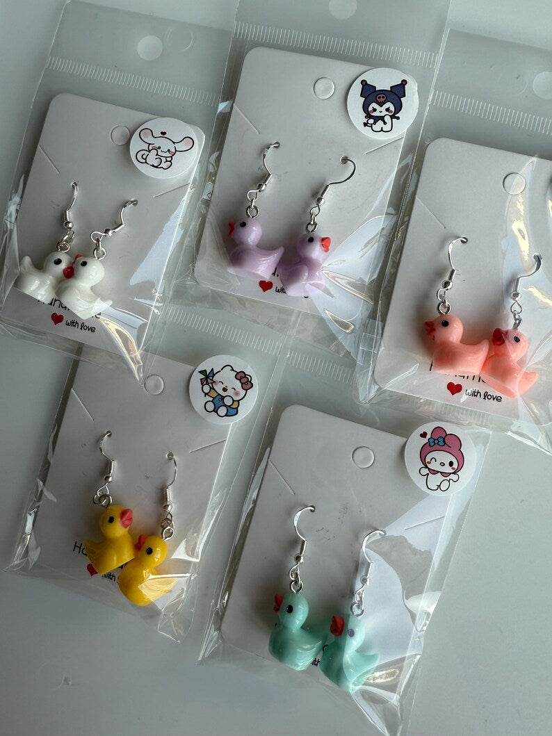 Handmade Y2K Duck Earrings: Sterling Silver Fish Hook Charms