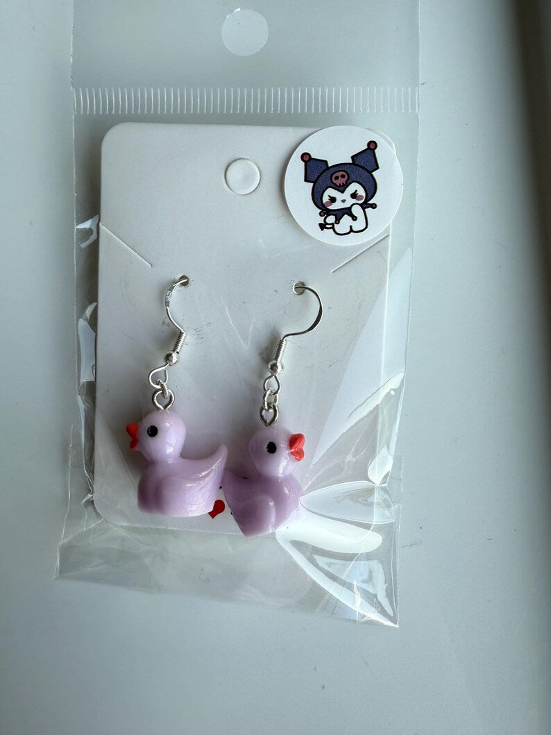 Handmade Y2K Duck Earrings: Sterling Silver Fish Hook Charms