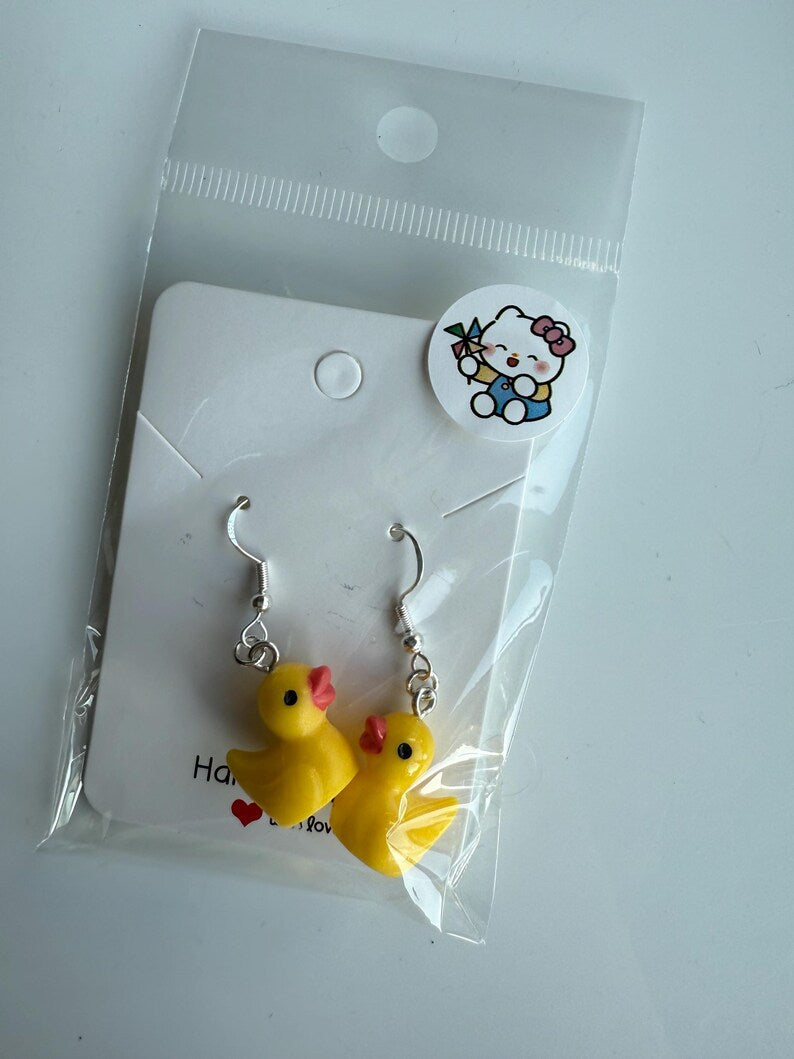 Handmade Y2K Duck Earrings: Sterling Silver Fish Hook Charms