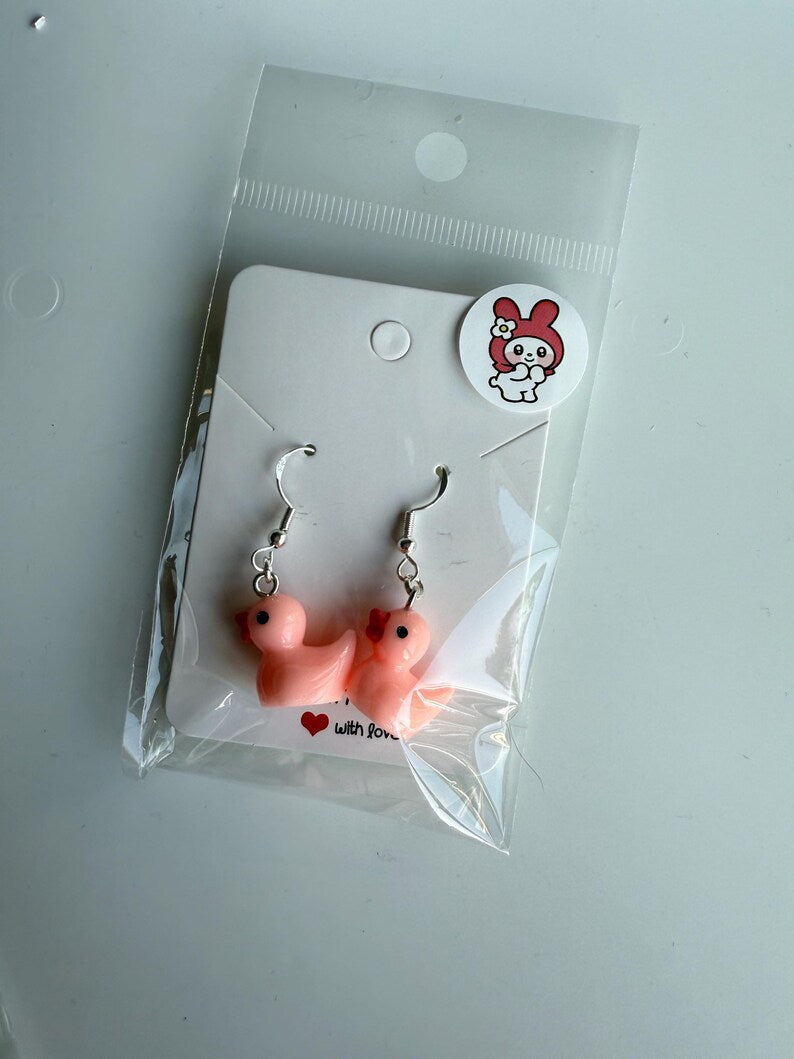 Handmade Y2K Duck Earrings: Sterling Silver Fish Hook Charms