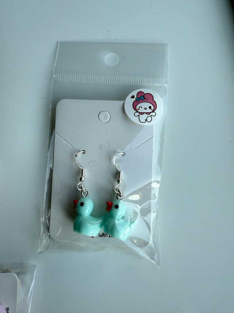 Handmade Y2K Duck Earrings: Sterling Silver Fish Hook Charms