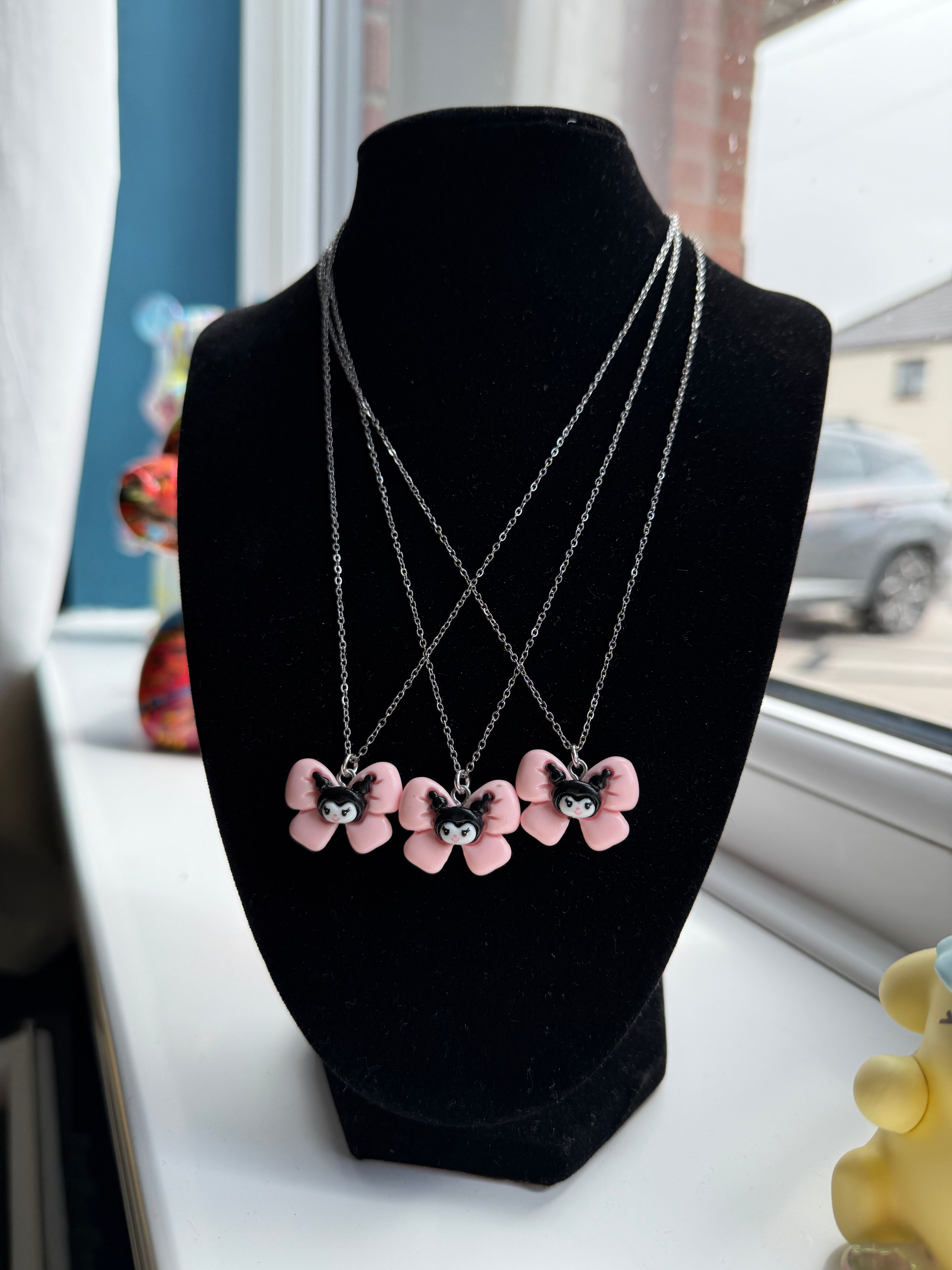 Kuromi Inspired Bow Necklace, Stainless Steel Chain 18in | Kawaii Y2K Pendant Necklace