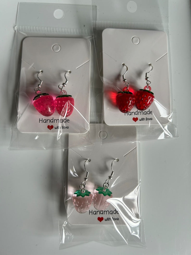 Handmade Cute Strawberry Sterling Silver Earrings, Fish hook earrings, cottagecore earrings, Nana, strawberry shortcake