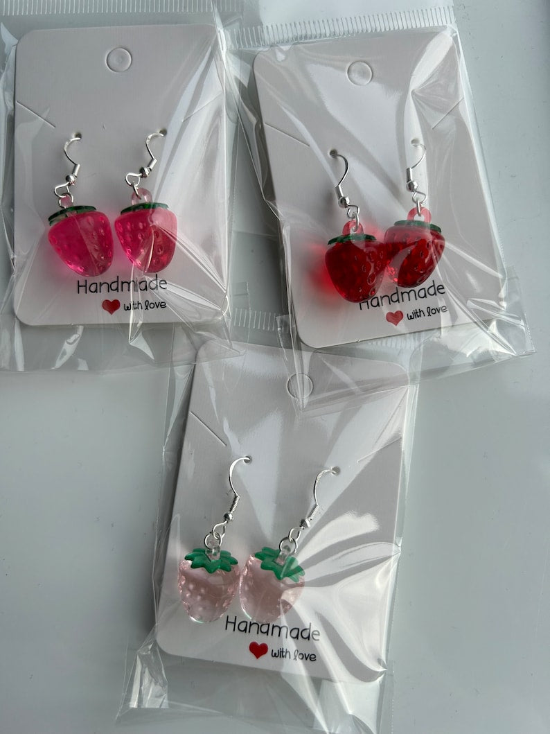Handmade Cute Strawberry Sterling Silver Earrings, Fish hook earrings, cottagecore earrings, Nana, strawberry shortcake