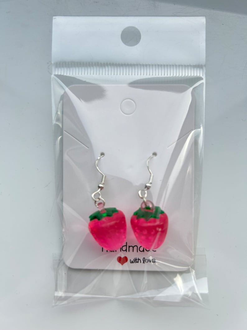 Handmade Cute Strawberry Sterling Silver Earrings, Fish hook earrings, cottagecore earrings, Nana, strawberry shortcake