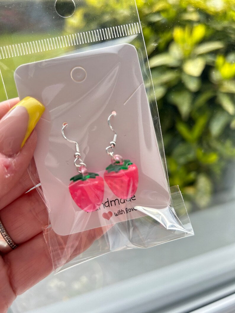 Handmade Cute Strawberry Sterling Silver Earrings, Fish hook earrings, cottagecore earrings, Nana, strawberry shortcake