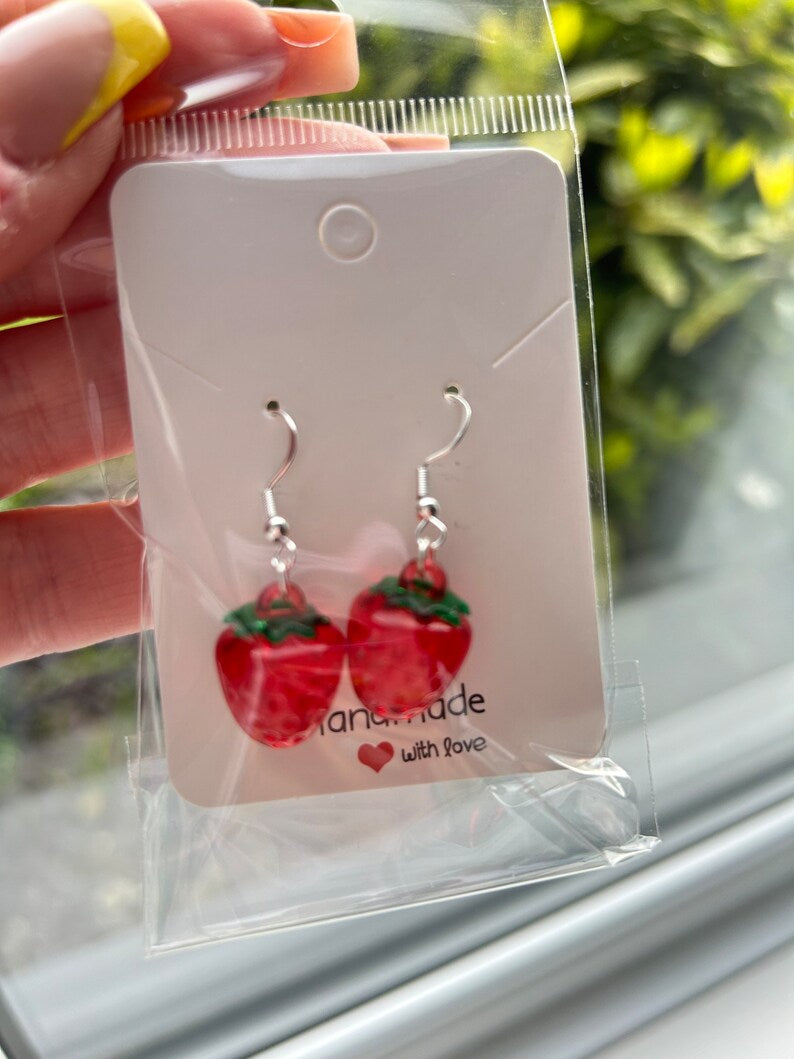 Handmade Cute Strawberry Sterling Silver Earrings, Fish hook earrings, cottagecore earrings, Nana, strawberry shortcake