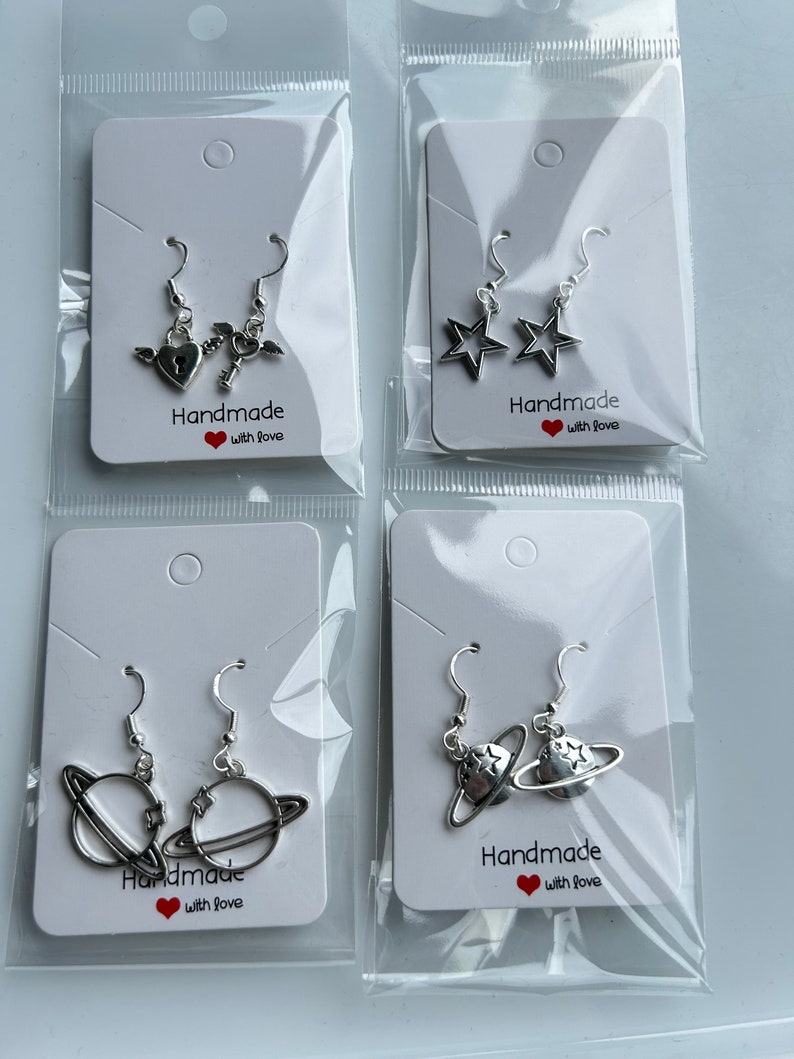Handmade Cute Sterling Silver Earrings, Fish hook earrings, Planet earrings, key and lock, star earrings