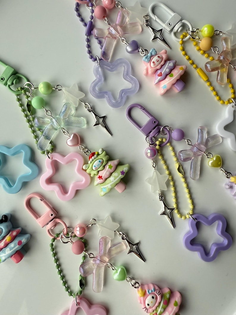 Super Cute Handmade Kawaii sanrio inspired Christmas Tree Keychains, beaded keyring, sanriocore