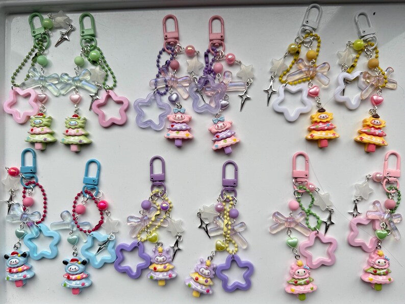 Super Cute Handmade Kawaii sanrio inspired Christmas Tree Keychains, beaded keyring, sanriocore