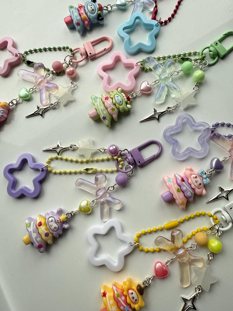 Super Cute Handmade Kawaii sanrio inspired Christmas Tree Keychains, beaded keyring, sanriocore