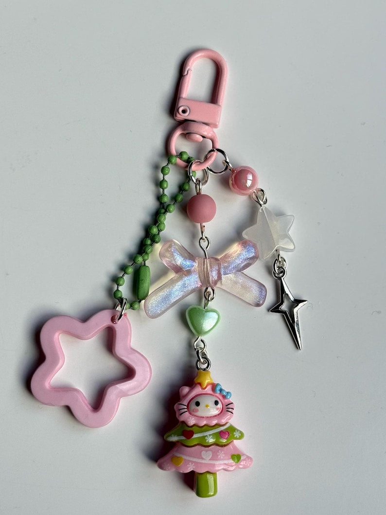 Super Cute Handmade Kawaii sanrio inspired Christmas Tree Keychains, beaded keyring, sanriocore