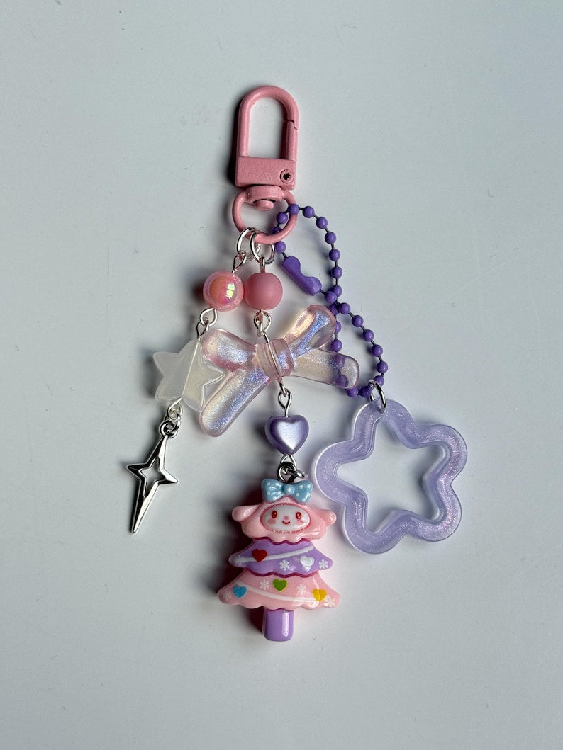 Super Cute Handmade Kawaii sanrio inspired Christmas Tree Keychains, beaded keyring, sanriocore