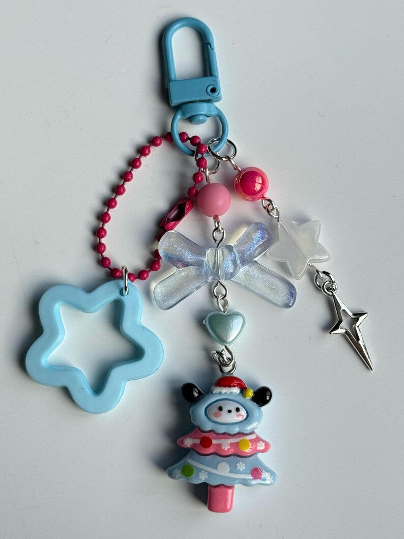 Super Cute Handmade Kawaii sanrio inspired Christmas Tree Keychains, beaded keyring, sanriocore
