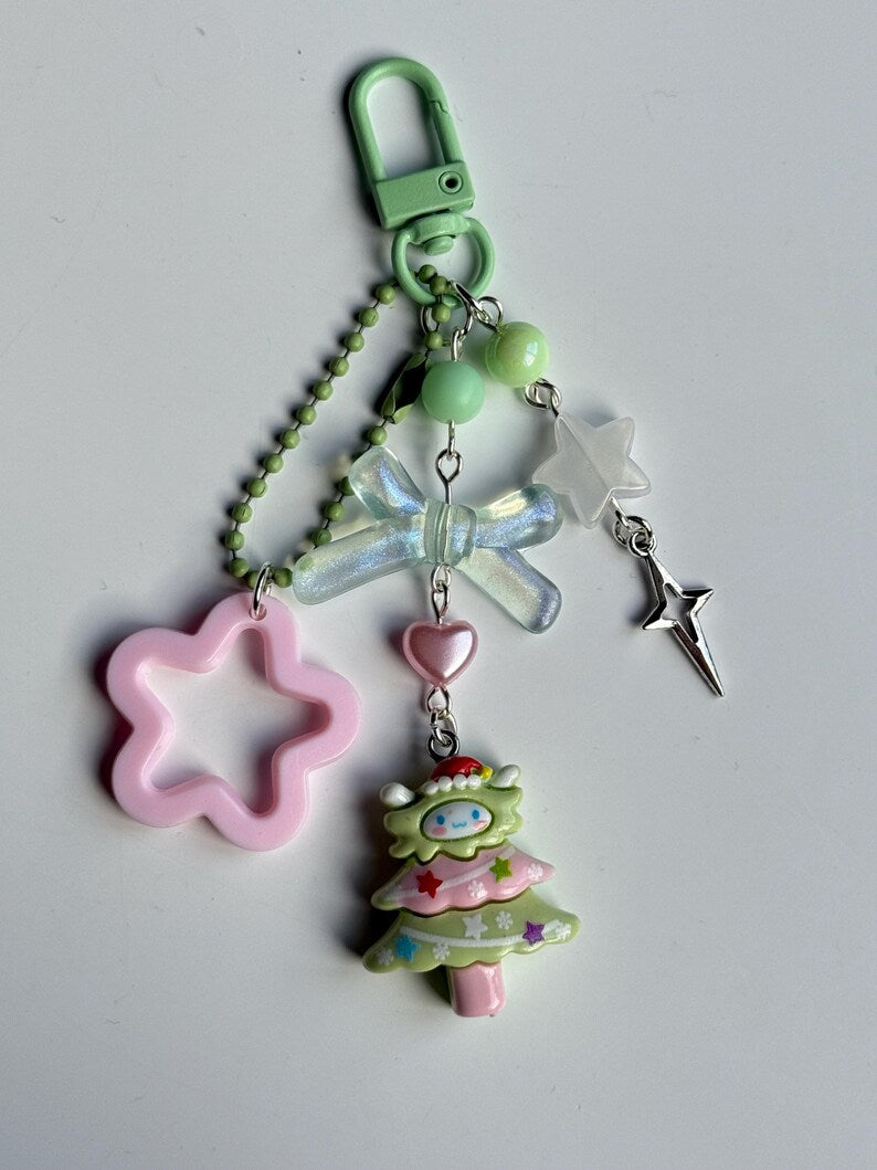 Super Cute Handmade Kawaii sanrio inspired Christmas Tree Keychains, beaded keyring, sanriocore