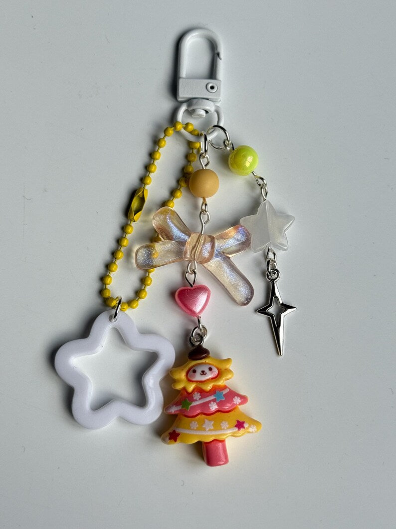 Super Cute Handmade Kawaii sanrio inspired Christmas Tree Keychains, beaded keyring, sanriocore