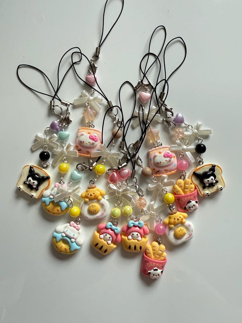 HANDMADE Cute Sanrio themed food Phone charms, beaded accessories, Hk, My Mld, kuromi, kawaii phone charm