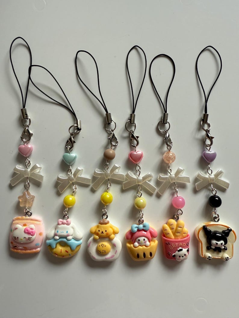 HANDMADE Cute Sanrio themed food Phone charms, beaded accessories, Hk, My Mld, kuromi, kawaii phone charm
