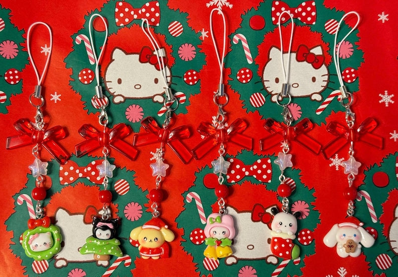 Handmade Christmas Sanrio Themed phone charms, beaded phone charm