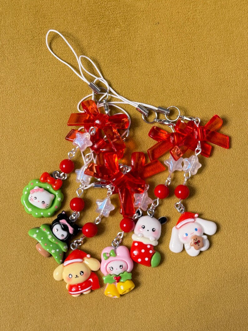 Handmade Christmas Sanrio Themed phone charms, beaded phone charm