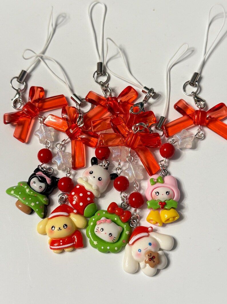 Handmade Christmas Sanrio Themed phone charms, beaded phone charm