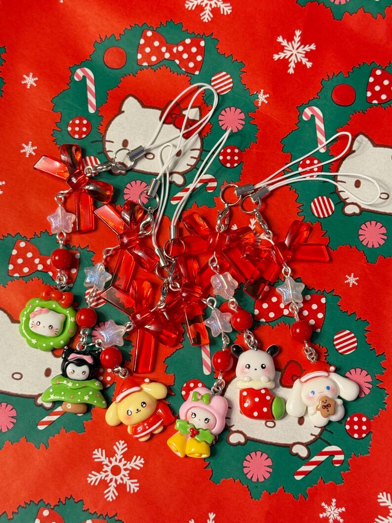 Handmade Christmas Sanrio Themed phone charms, beaded phone charm