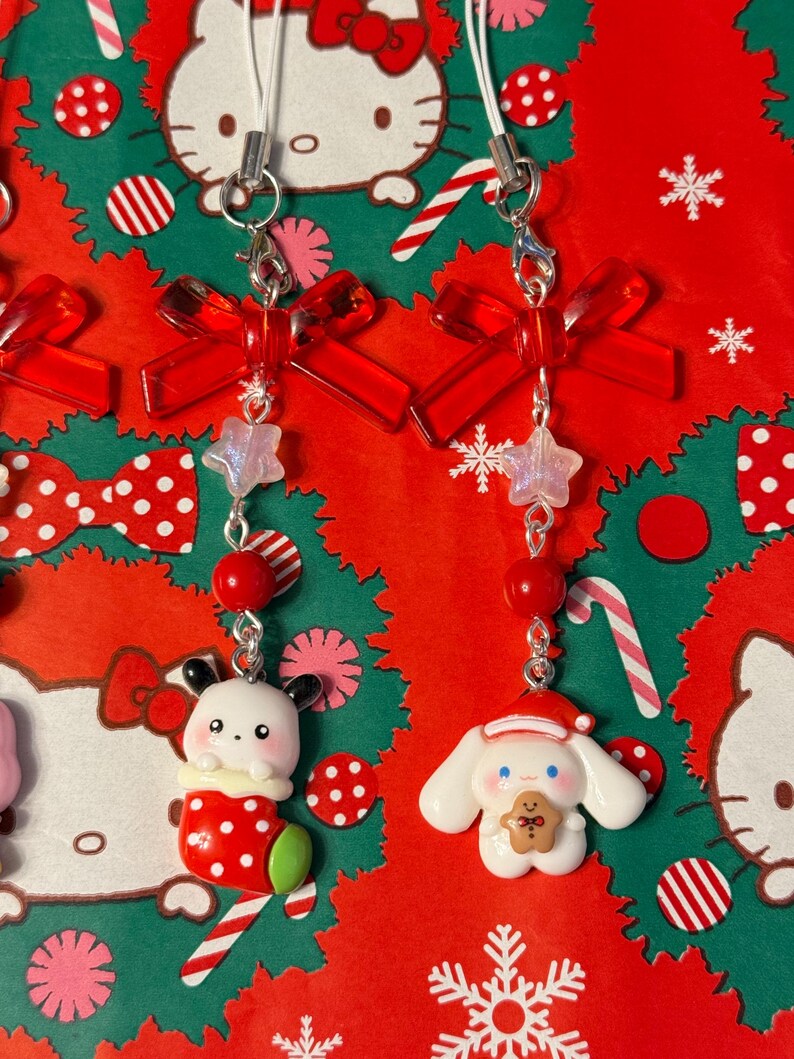 Handmade Christmas Sanrio Themed phone charms, beaded phone charm