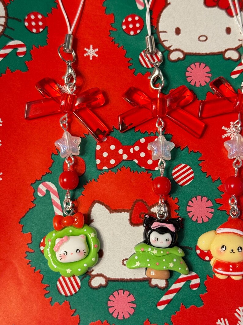 Handmade Christmas Sanrio Themed phone charms, beaded phone charm