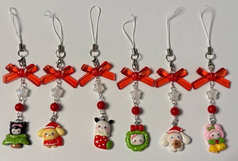 Handmade Christmas Sanrio Themed phone charms, beaded phone charm
