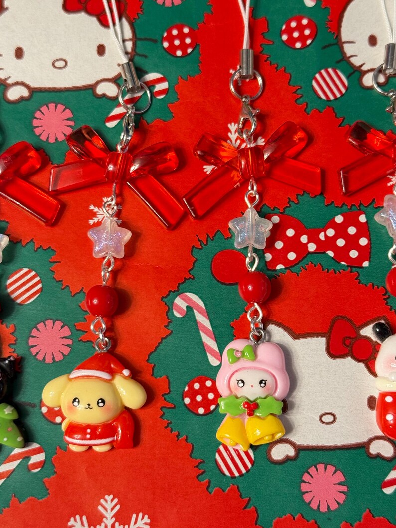 Handmade Christmas Sanrio Themed phone charms, beaded phone charm