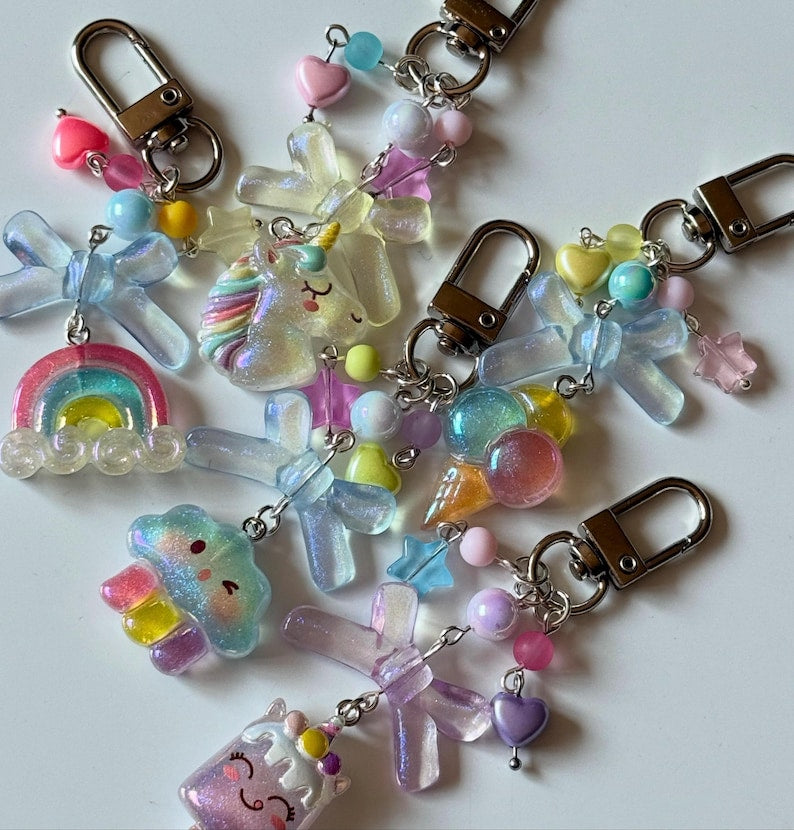 Handmade magical Kawaii keychains, macaron beads, shimmering keychains