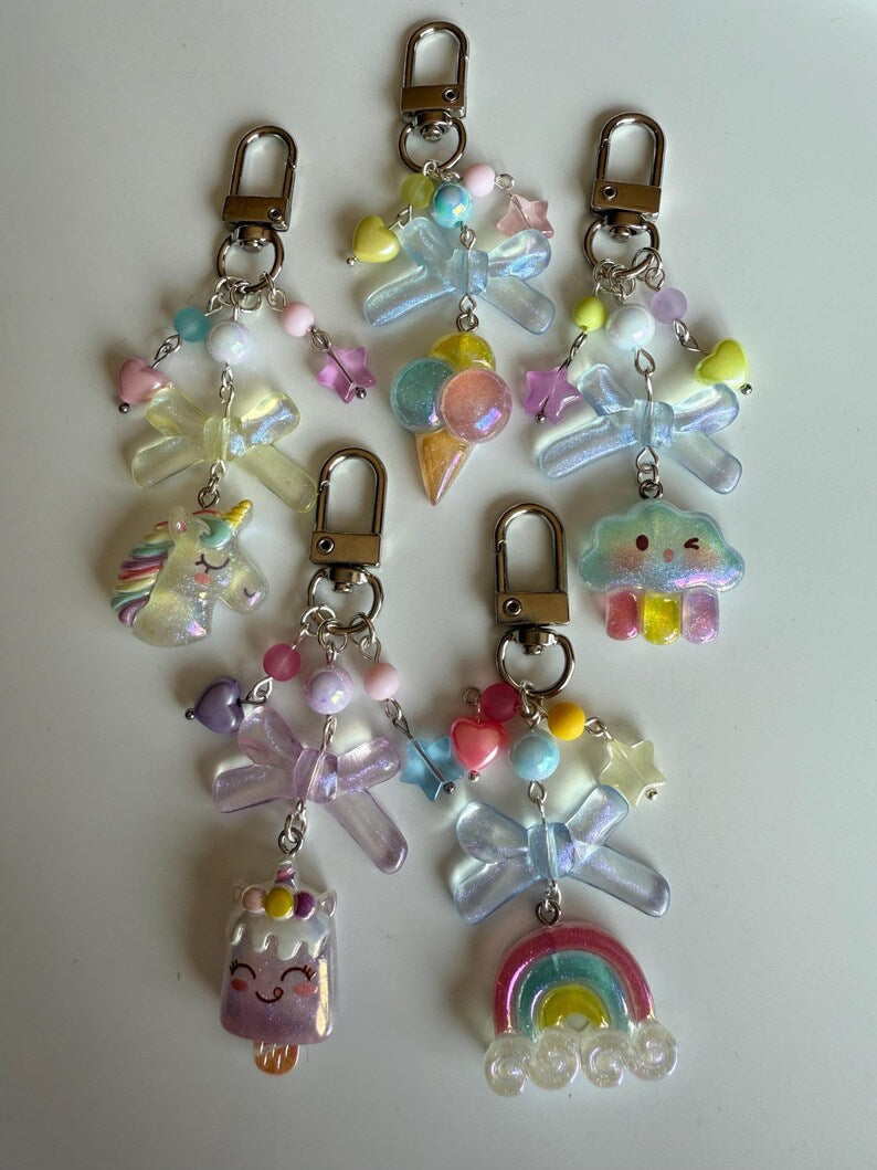 Handmade magical Kawaii keychains, macaron beads, shimmering keychains